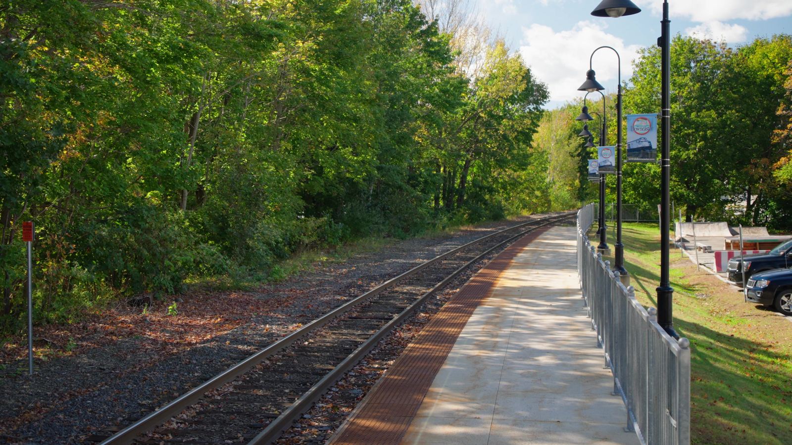 The Amtrak Downeaster platform and track in Freeport, Maine